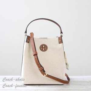 NWT Tory Burch Blake Canvas Bucket Bag Crossbody in Canvas/Classic Cuoio